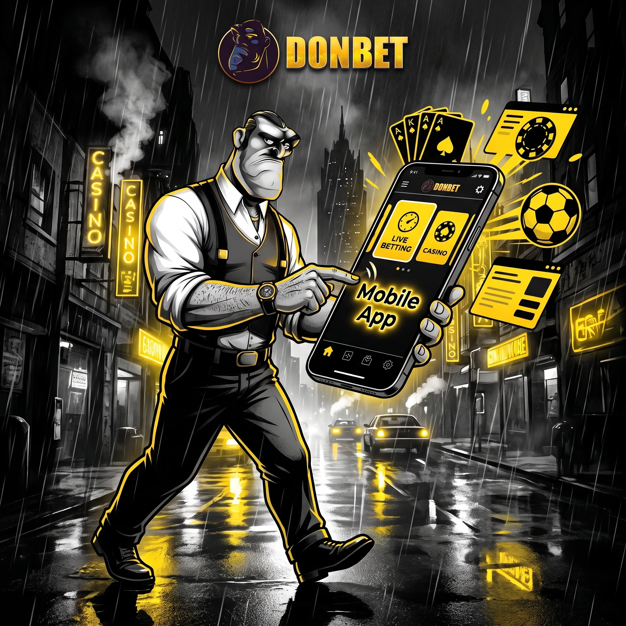 Donbet mobile casino shown on a phone in a noir street