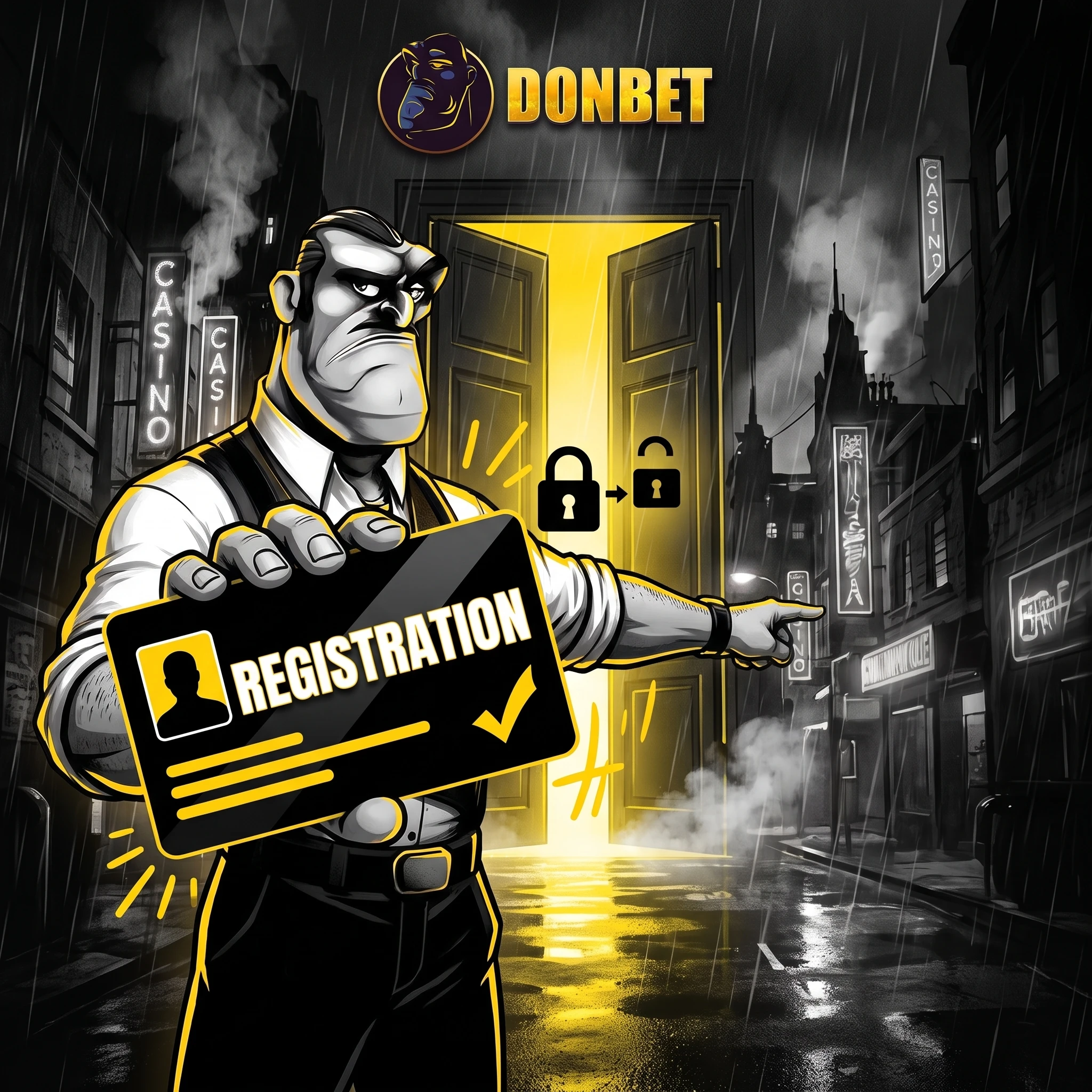 Donbet character presenting a registration card at the entrance