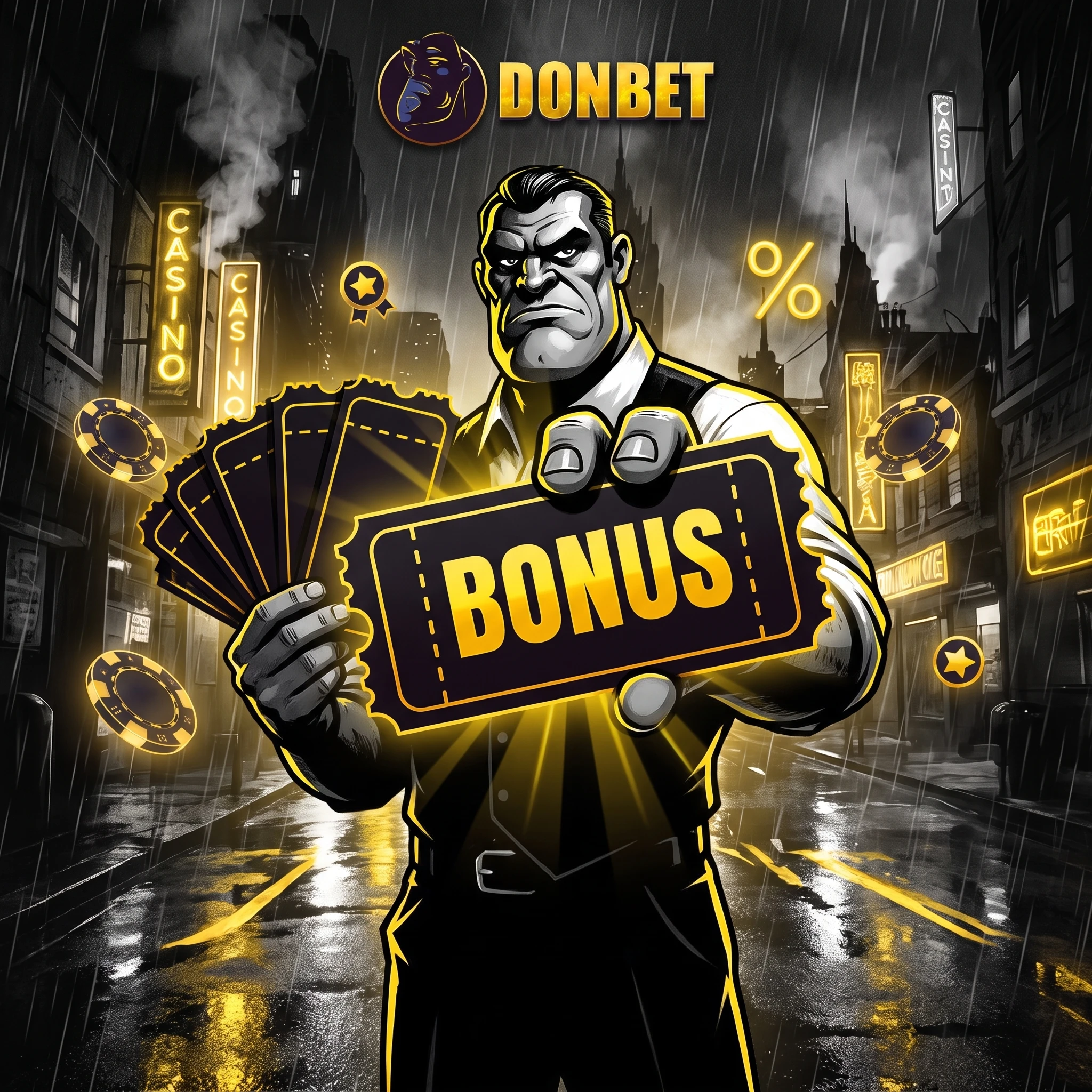 Donbet bonus ticket held in a noir casino street
